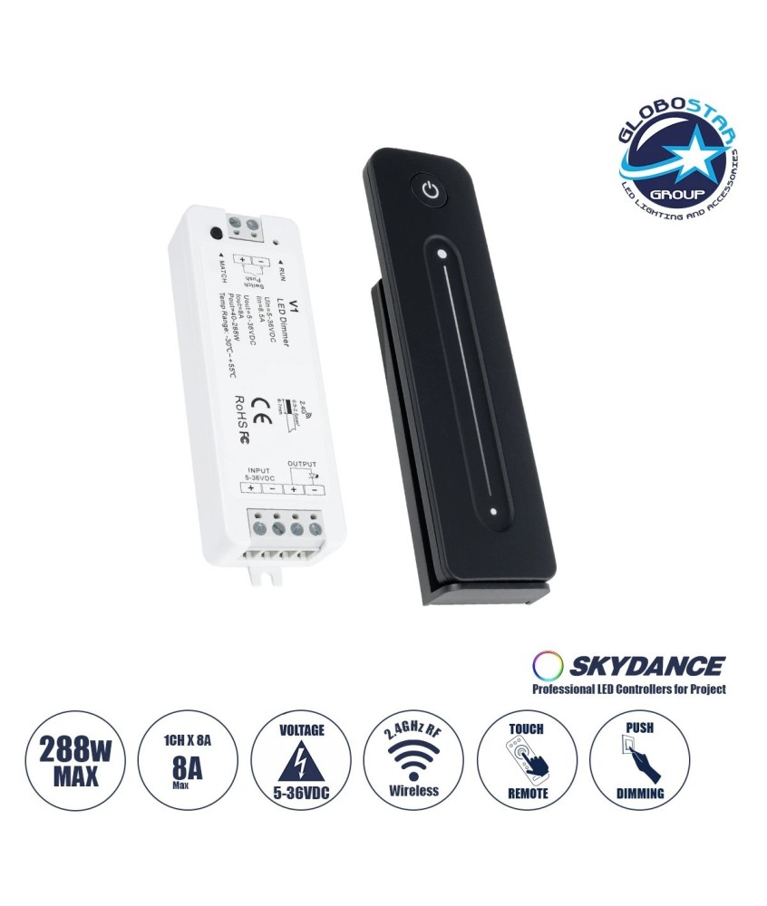 GloboStar® 73119 V1+R11 SKYDANCE ΣΕΤ Dimmer & Ασύρματο Χειριστήριο Αφής 1 Group RF 2.4Ghz 8A Max DC 5-36V (288W) - DC 3V IP20 - 5 Χρόνια Εγγύηση